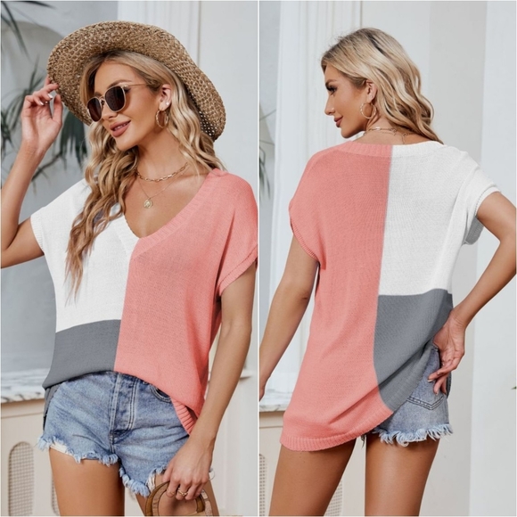 Harmony In Nature Tops - Color Block Knit Top - Coral